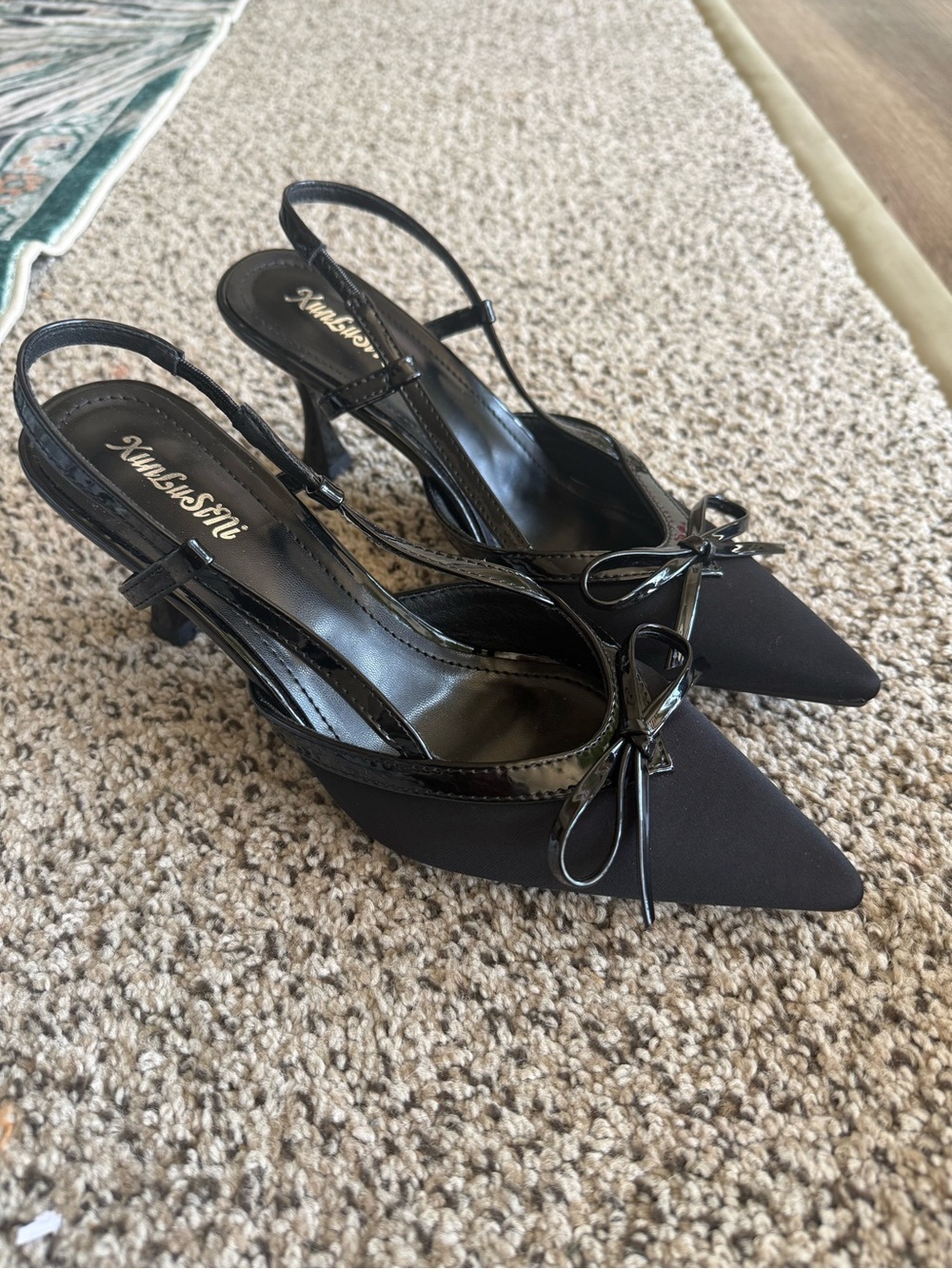 Black Pointed Slingback Heels with Bow